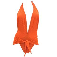 Vintage 1970s DeWeese Plunging Tangerine Sarong Hip Swimsuit NWT