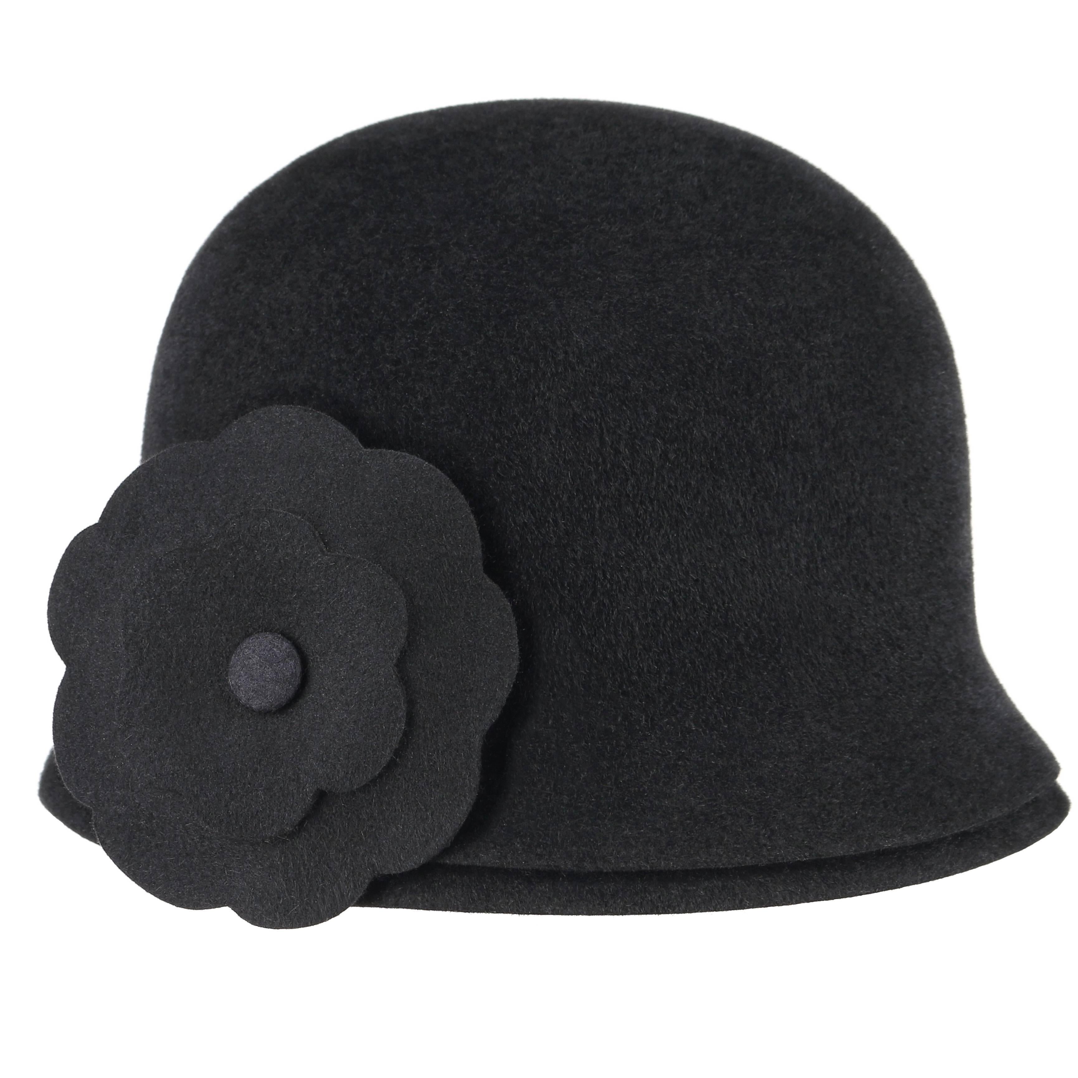 CHANEL A/W 1998 Black Fur Felt Cloche Hat + Detachable Camellia Flower Brooch