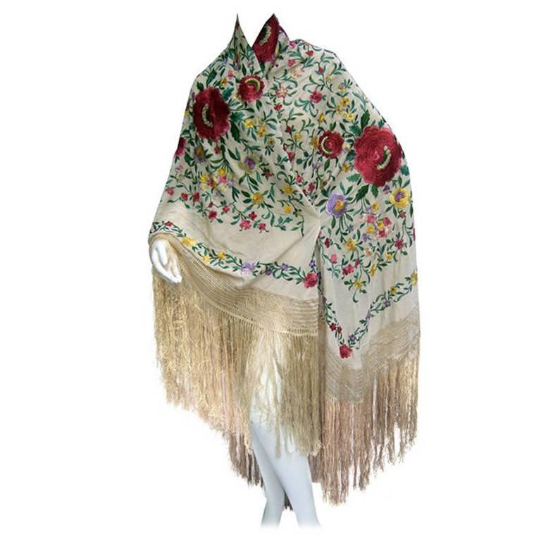 1920s Exotic Silk Floral Embroidered Piano Shawl