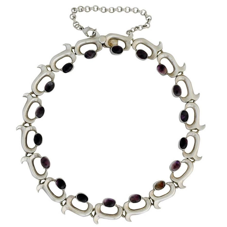 Taxco Amethyst Sterling Silver Modernist Necklace   For Sale