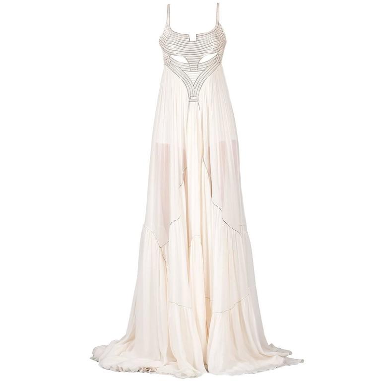 VERSACE METAL EMBELLISHED WHITE SILK GOWN New For Sale at 1stdibs
