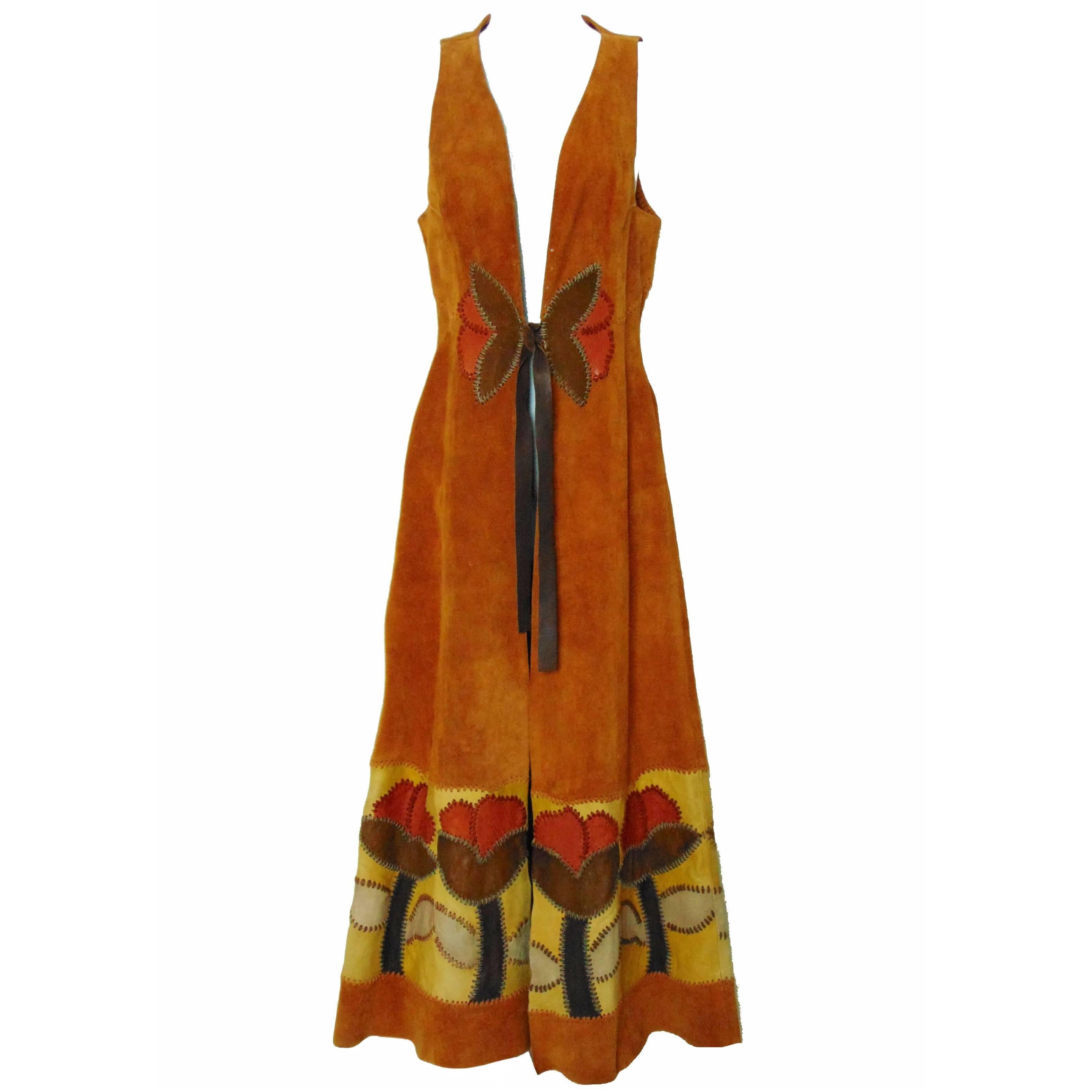 Char Vintage Long Suede Festival Dress or Vest with Floral Leather Inserts 70s S