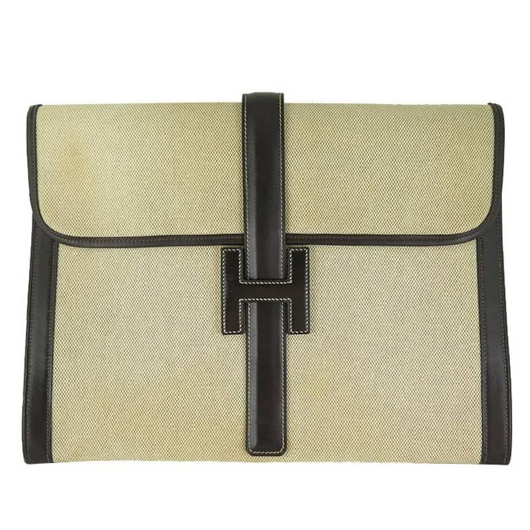 Hermes Unisex Brown Leather Toile Jige Jumbo GM Vintage Portfolio Clutch Bag For Sale