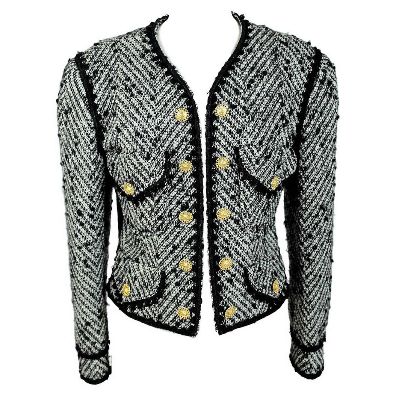 1990s Moschino Milano Gray Wool and Mohair Tweed Boucle Jacket Botton Golden