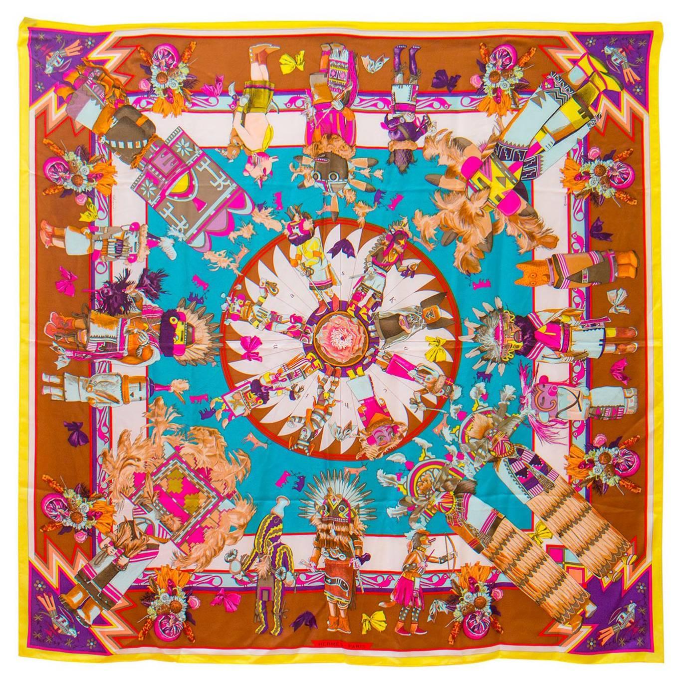 Hermes Shawl  "Kachinas" 100% Silk Brown, Yellow, Blue Color 140cm 2013 For Sale