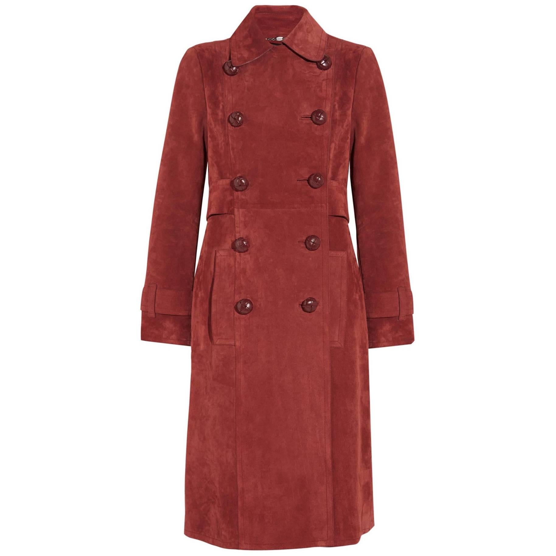 New Gucci Brick Red Suede Belted Leather Buttons Women's Trench Coat