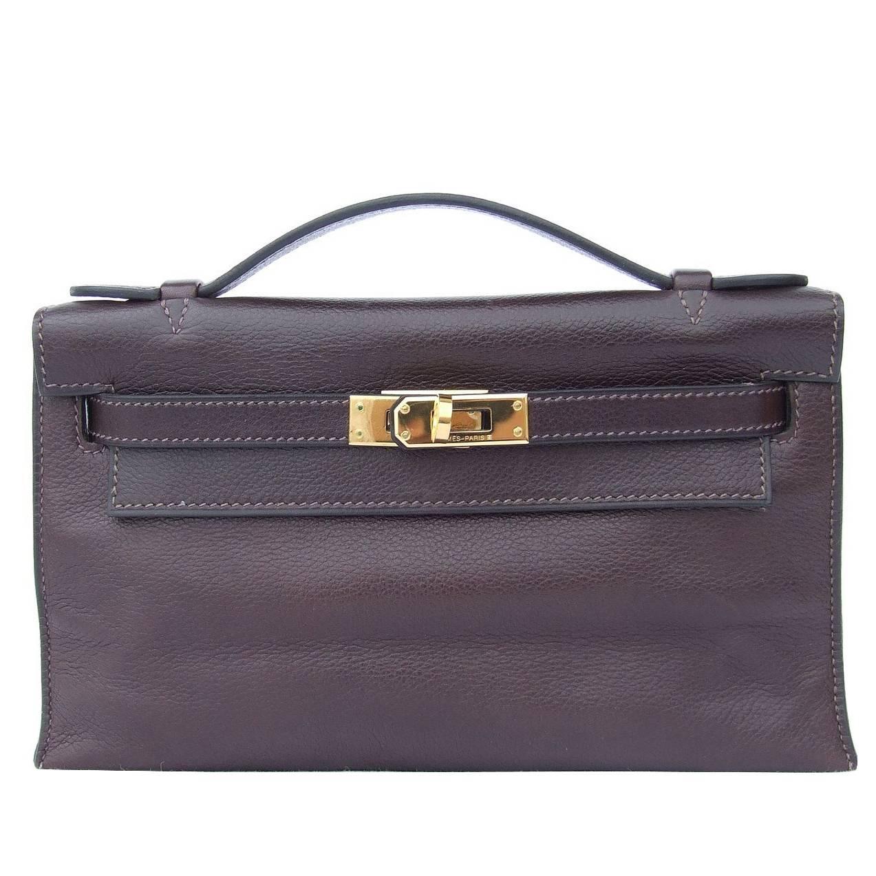 Hermes Kelly Pochette Clutch Handbag Havane Evergrain Leather GHW 22 cm
