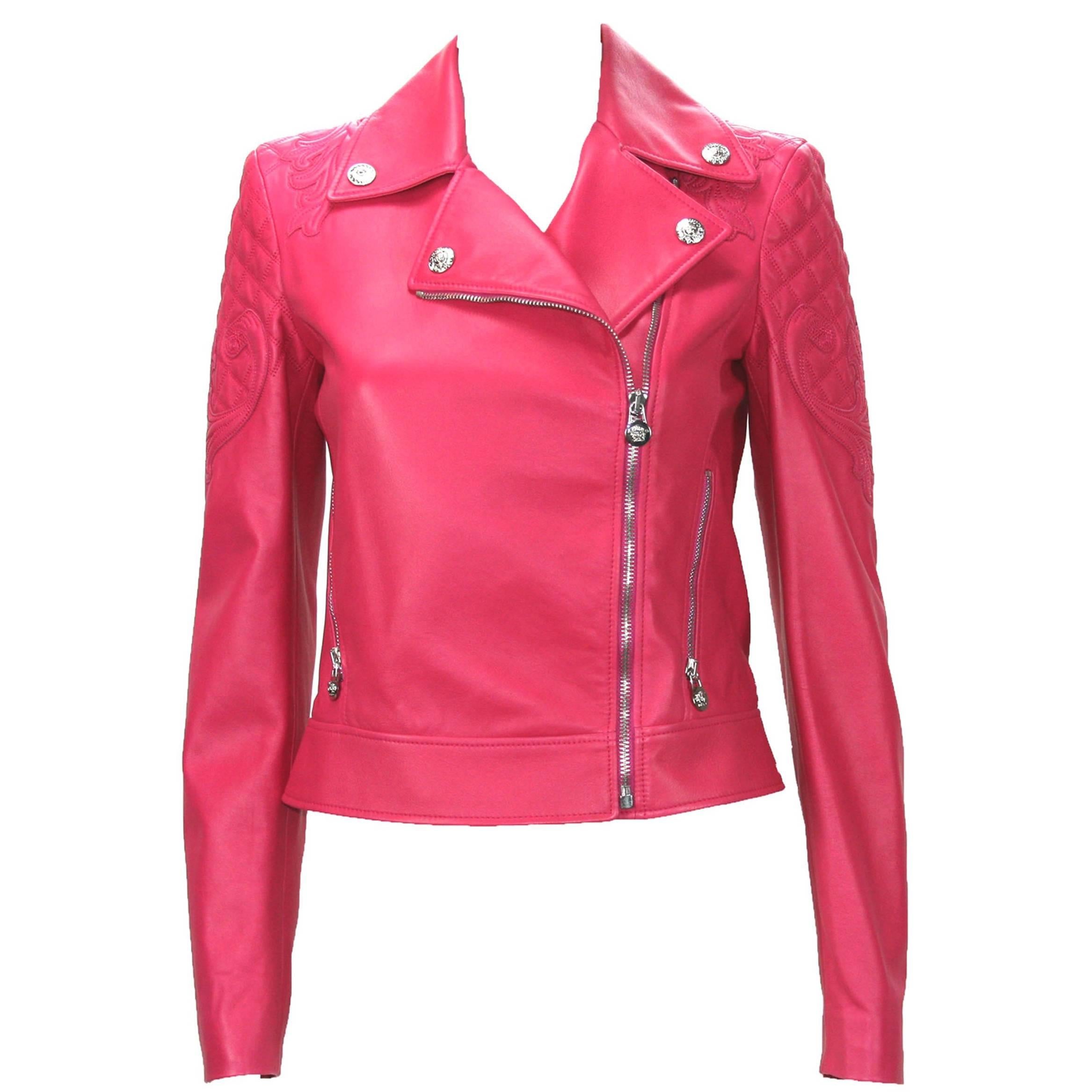 New $6, 495 Versace Hot Pink Quilted Leather Medusa Moto Jacket It. 38