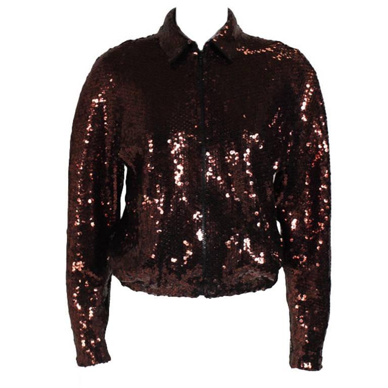 Halston 1980s Bronze Sequin Zip Jacket For Sale