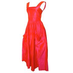 Louis Feraud Paris Orange Pink Silk Taffeta Evening Gown Pinafore 1960s Size S 10