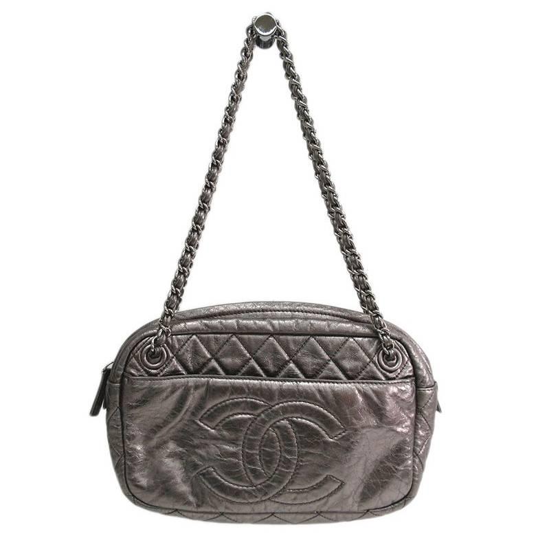Chanel Metallic Silver Lambskin Camera CC Evening Shoulder Bag For Sale
