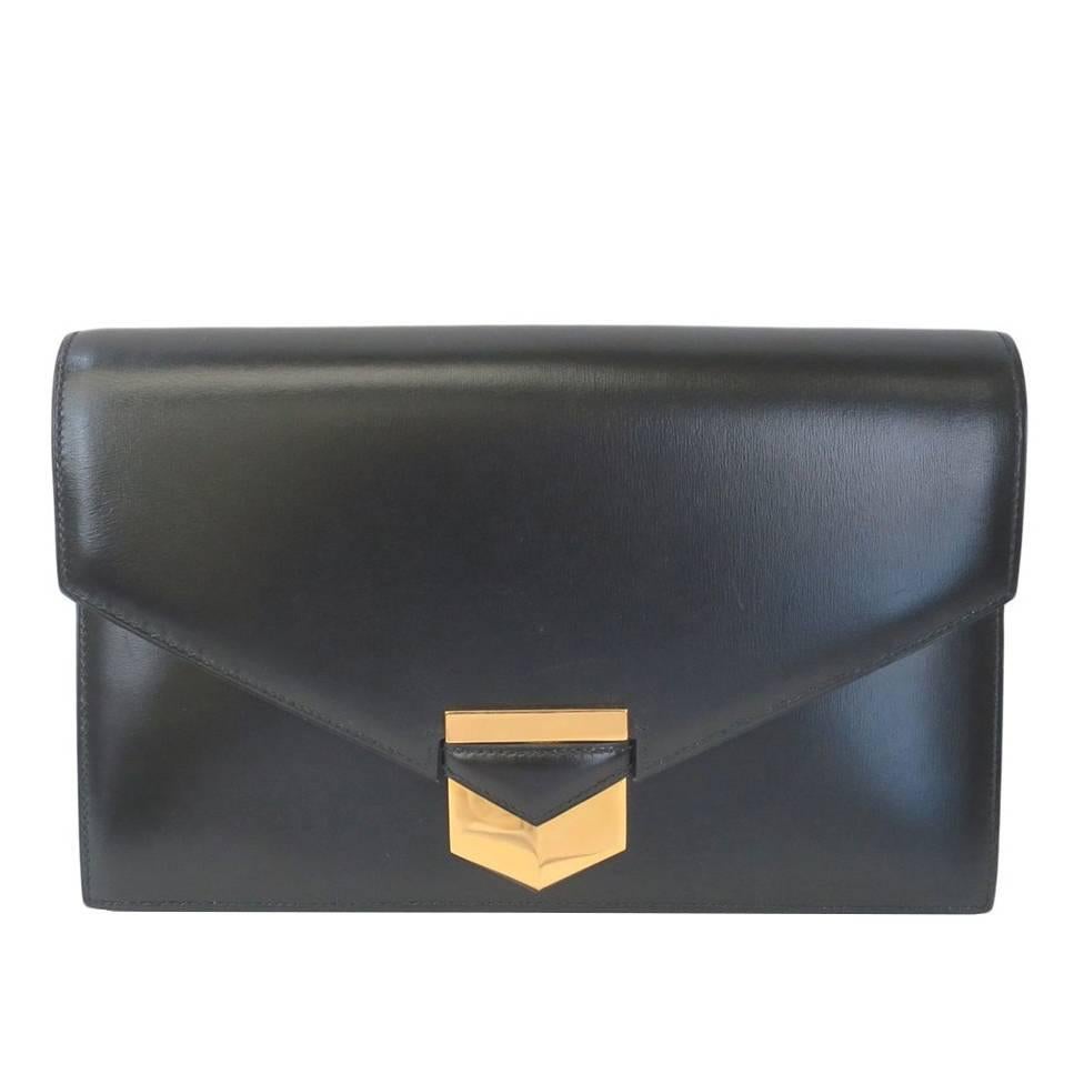 Hermes Black Boxcalf Leather Faco Evening Clutch Purse