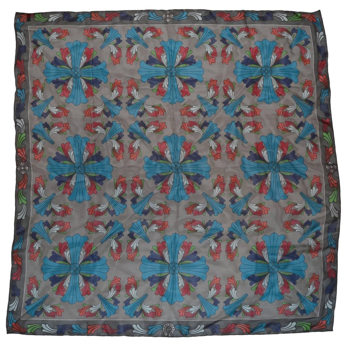 Chrome Hearts Grey Silk Scarf w/ Multicolor Cross Print