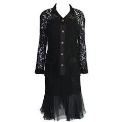 Vintage Chanel Boutique Black Chiffon Silk & Lace Dress Suit