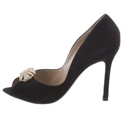 Versace NEW Black Suede Gold Crystal Bow Open Toe Heels in Box