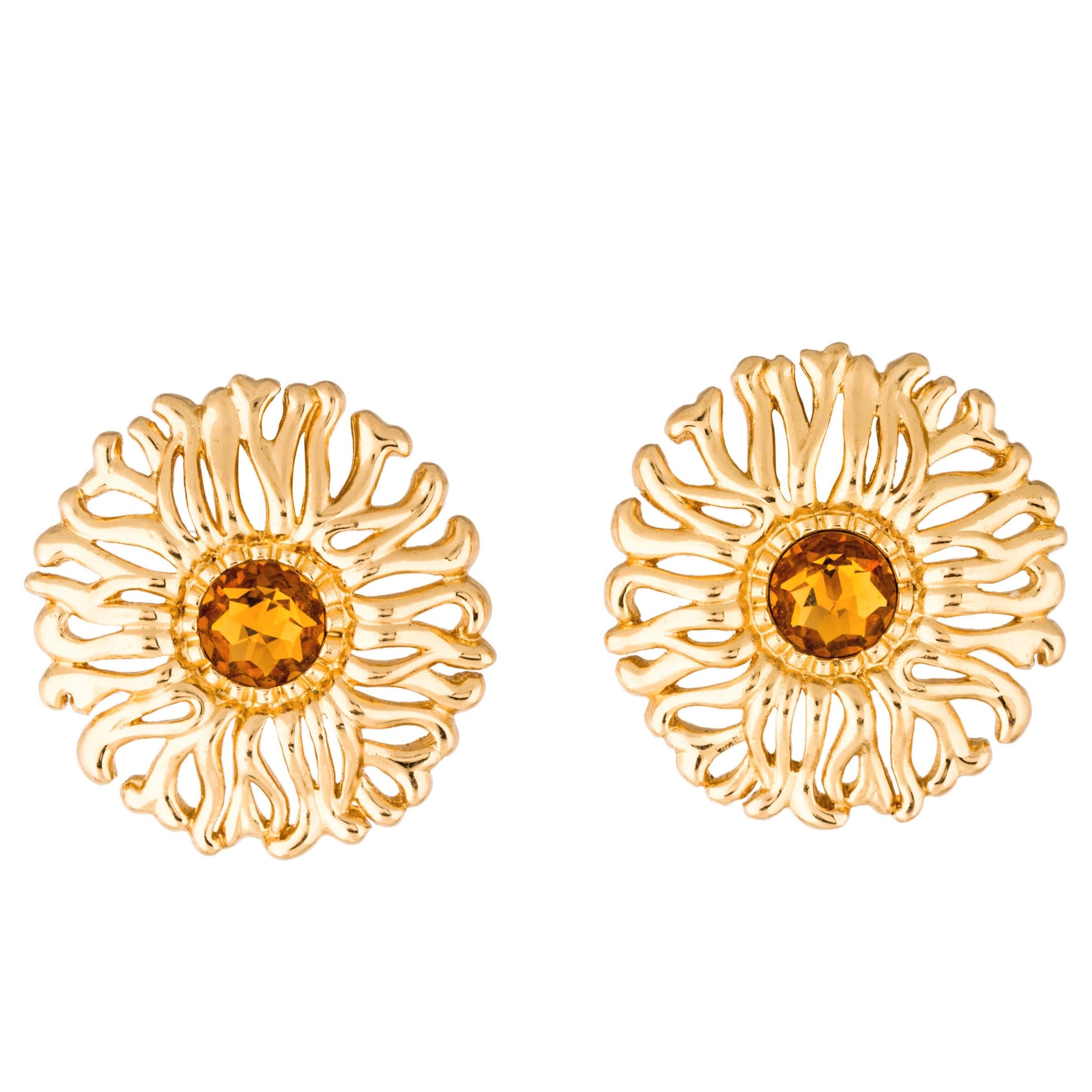 Christian Dior Vintage Gold Textured Crystal Sunburst Evening Stud Earrings