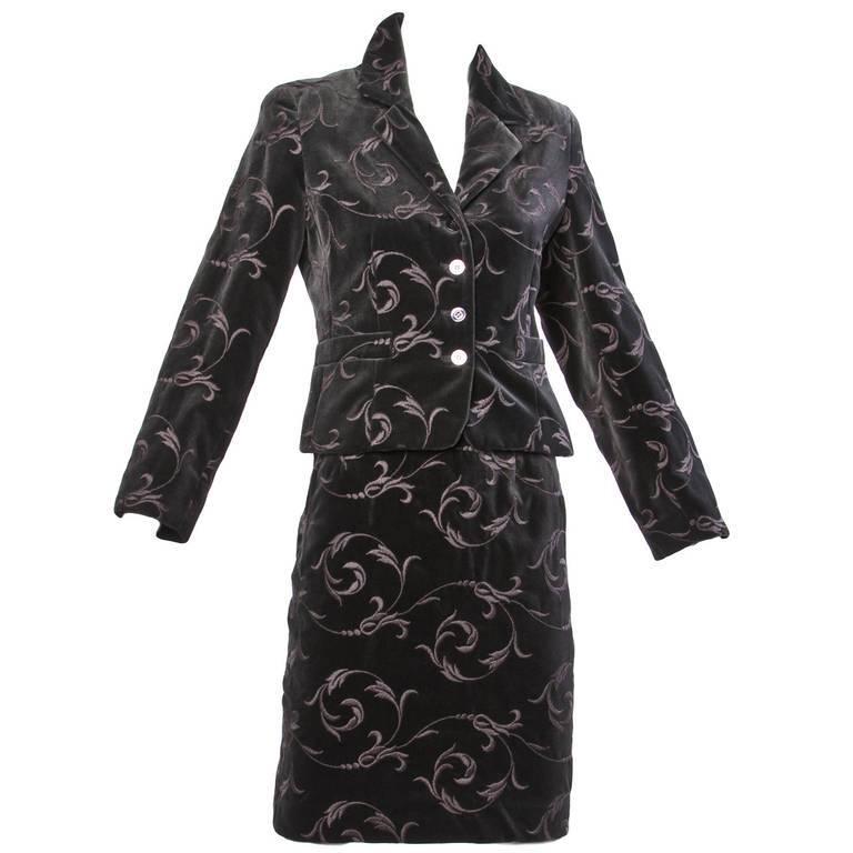 Burberry's Vintage Gray Embroidered Velvet Jacket + Skirt Dress Suit