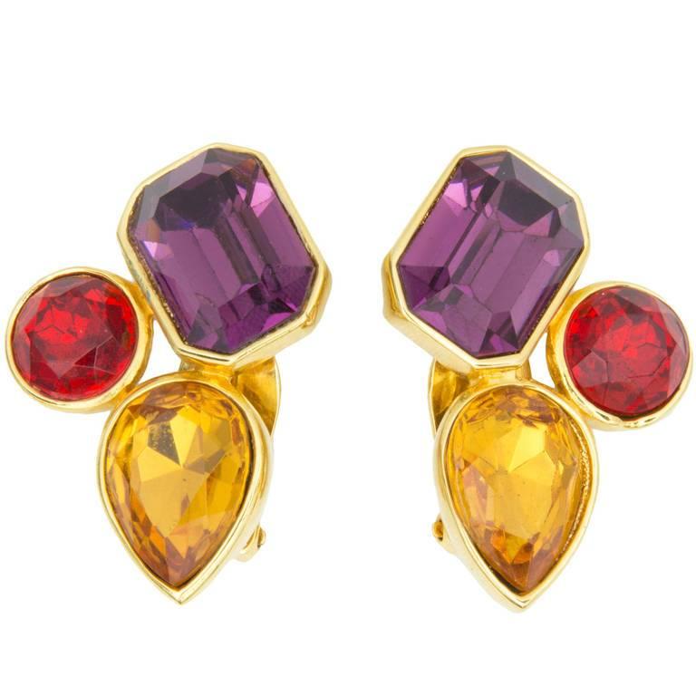 ALEXIS KIRK Jewel Clip Gold Tone Earrings Estate Find