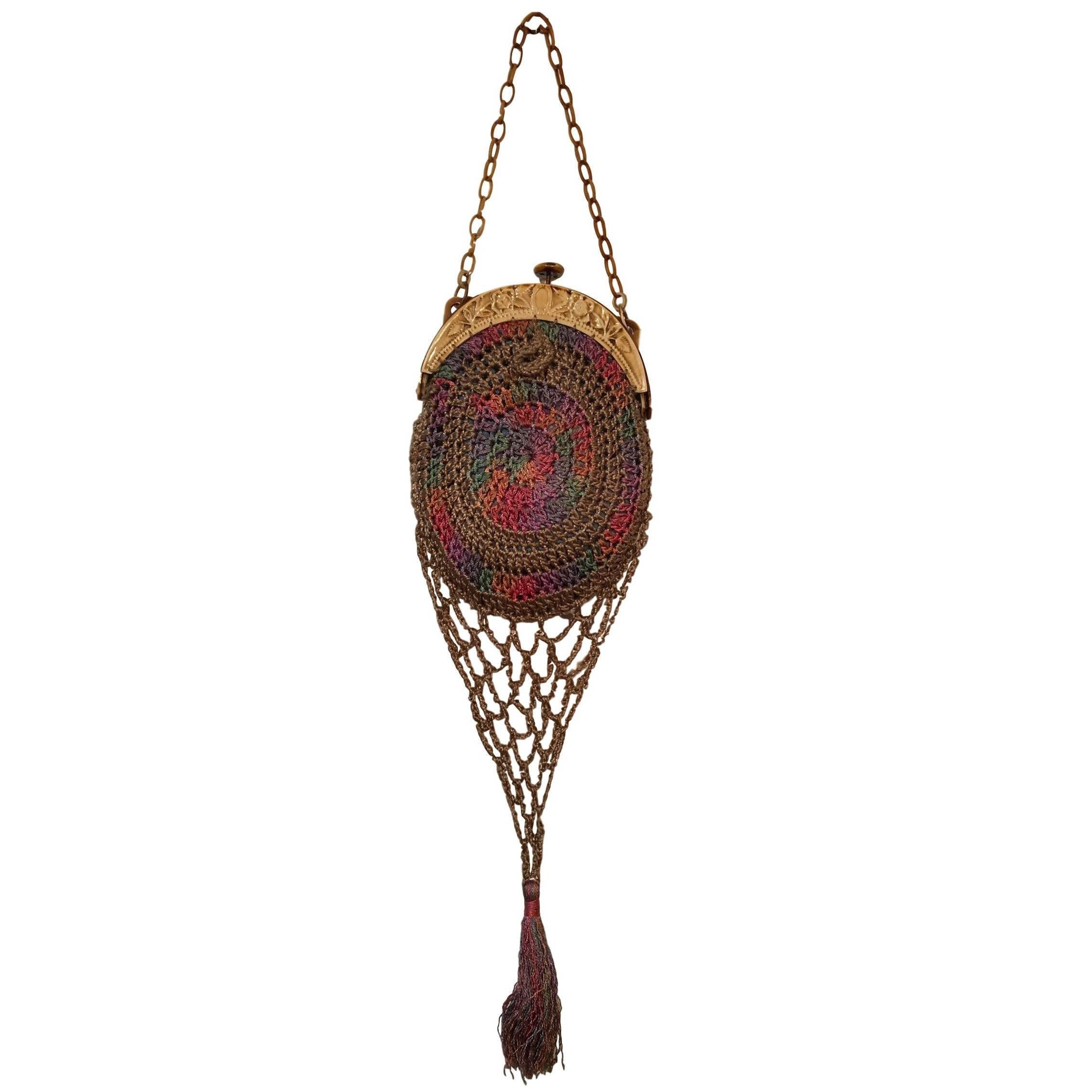 Vintage Art Deco Celluloid Frame Silk Crochet Flapper Evening Bag Handbag Purse