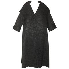 I Magnin & Co Late 1950s Black Bow Jacquard Swing Coat Shawl Collar 4
