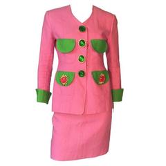 Gemma Kahng Vintage 1990s Pink & Green Linen Skirt Suit Gripoix Glass Buttons UK 12