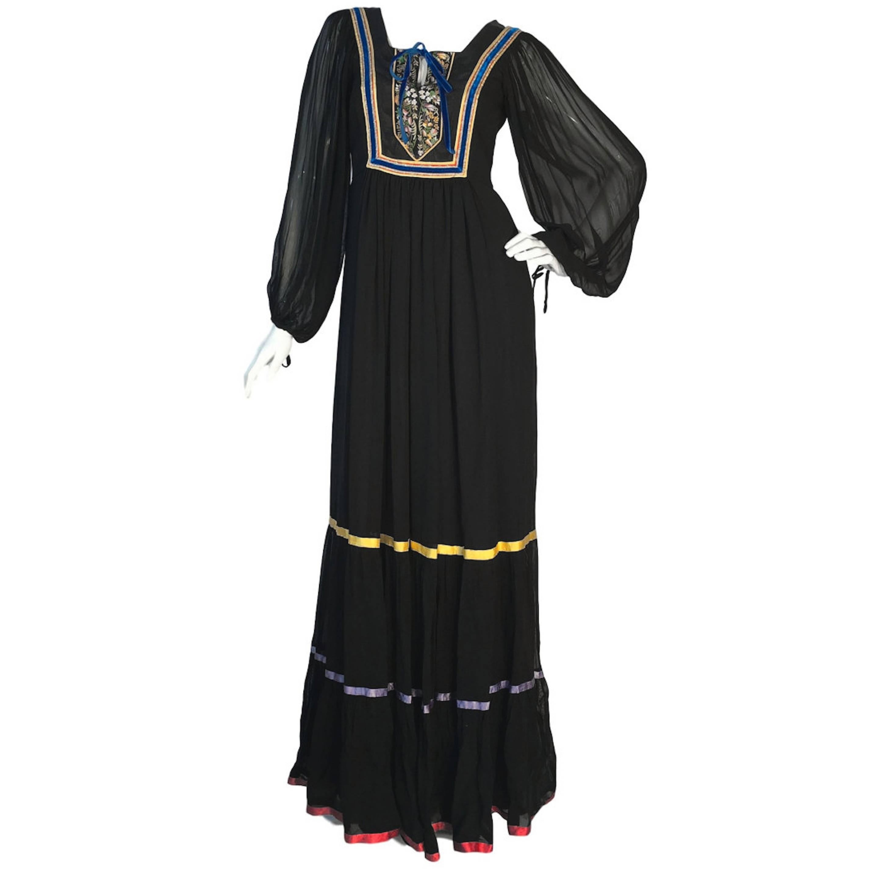 Rumak & Sample Peasant Folk Embroidered Black Maxi Chiffon 1970s Vintage Dress S For Sale