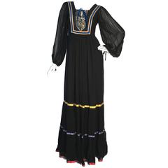 Rumak & Sample Peasant Folk Embroidered Black Maxi Chiffon 1970s Vintage Dress S