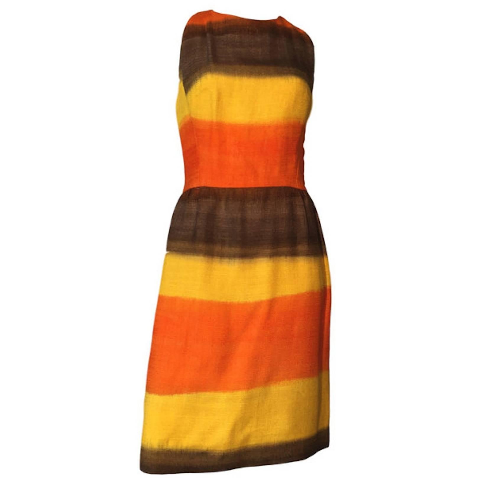 Vintage 1960s Woven Cotton Sunset Colours Shift Dress Size UK 8 For Sale