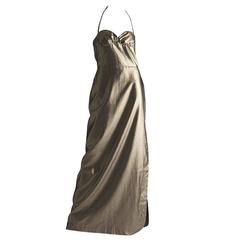Biba Vintage 1970s Gold Metallic Halter Neck Maxi Dress UK 10