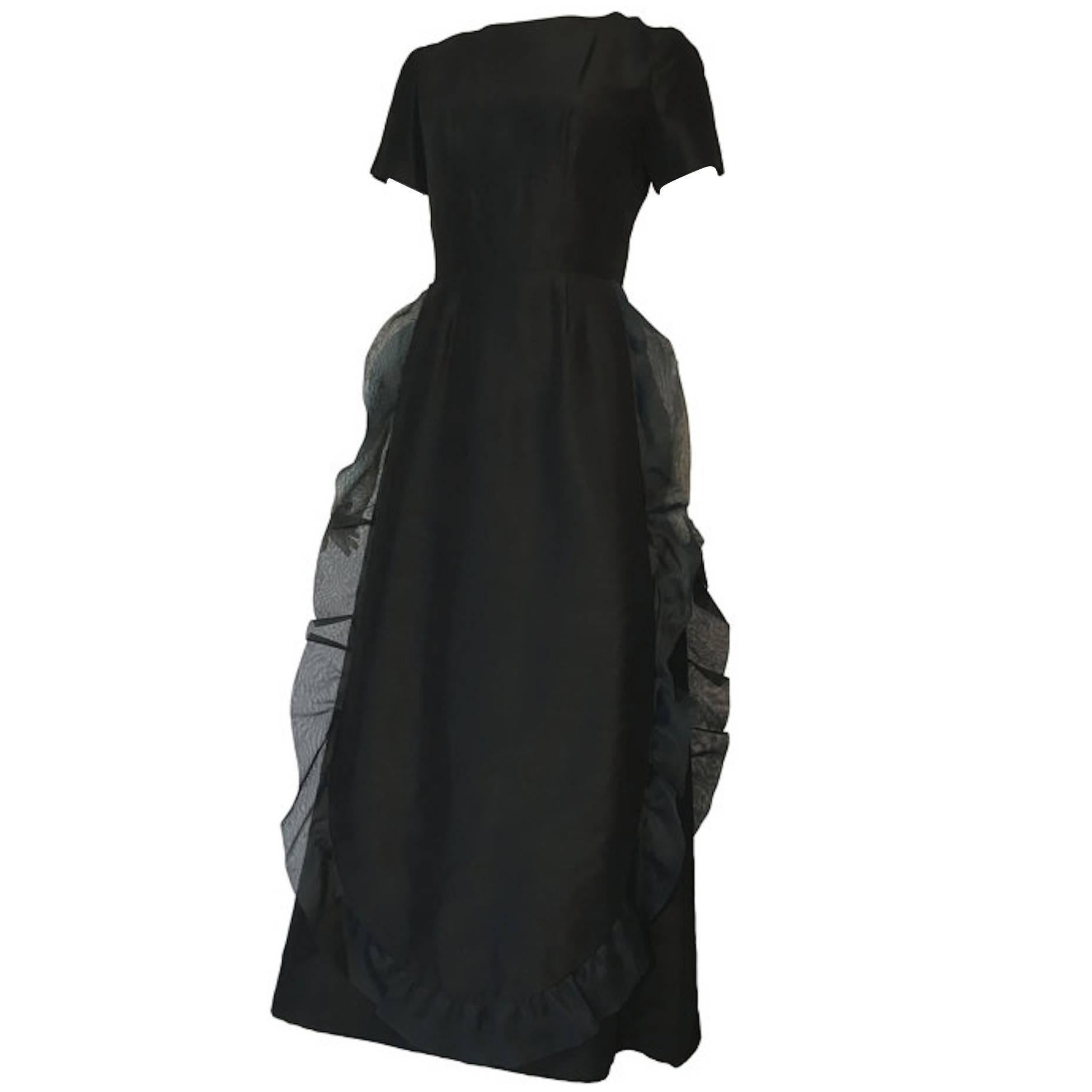Unlabelled Black Silk Woven Vintage 1960s Panel Trim Hand Finished Evening Dress For Sale
