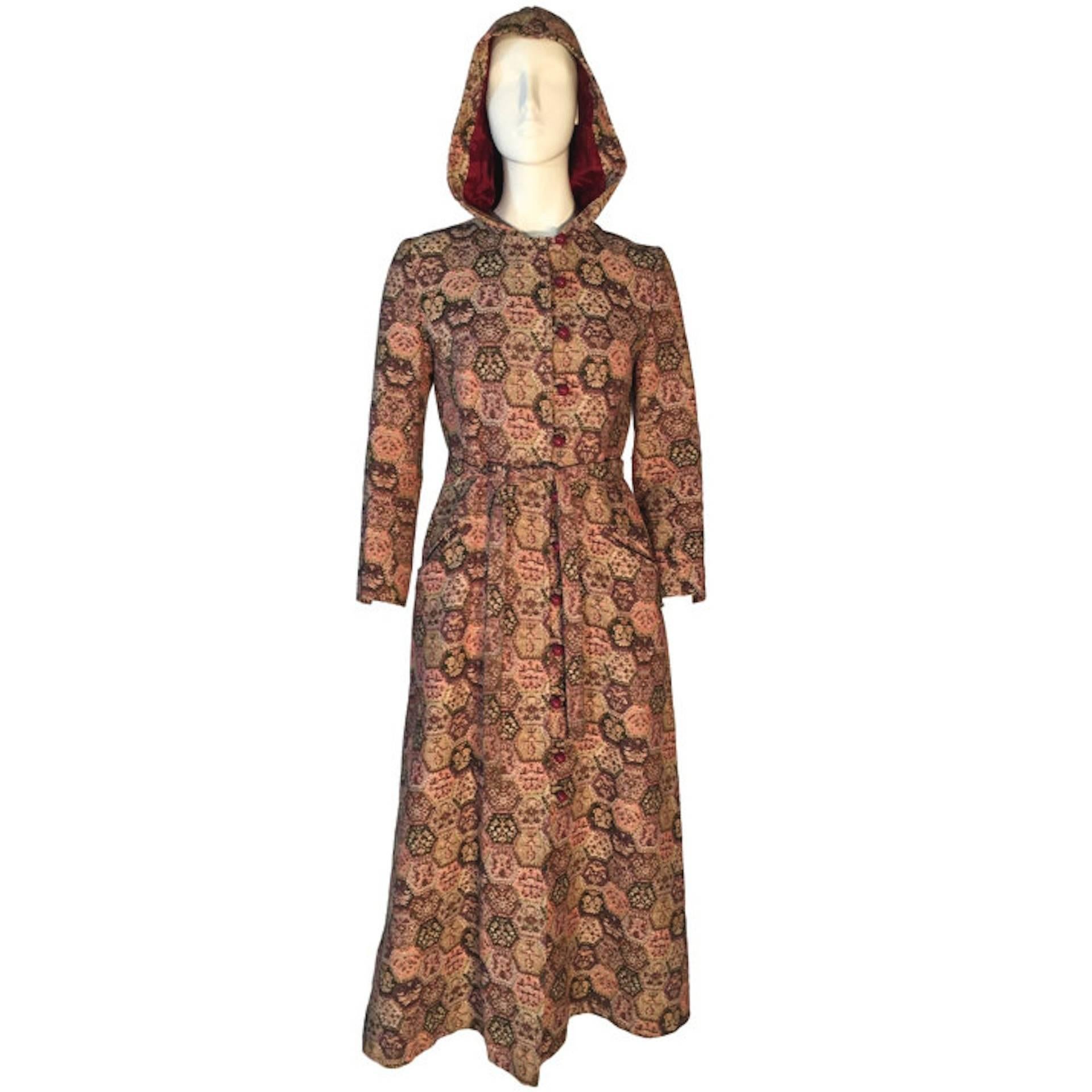 Vintage 1970s Tapestry Coat Maxi Length Hooded With Belt UK 8 For Sale