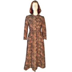 Vintage 1970s Tapestry Coat Maxi Length Hooded With Belt UK 8