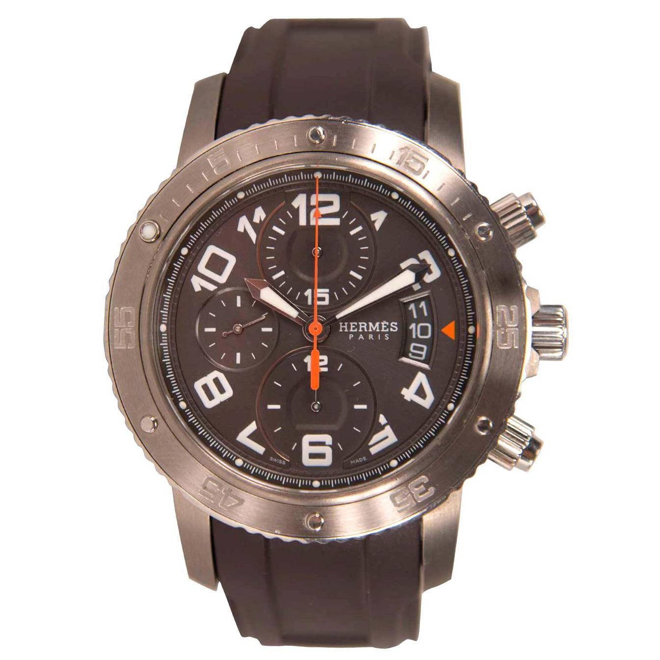 Hermes Clipper Chronographe Watch Rubber Strap Orange, Black, Brown 2012. For Sale