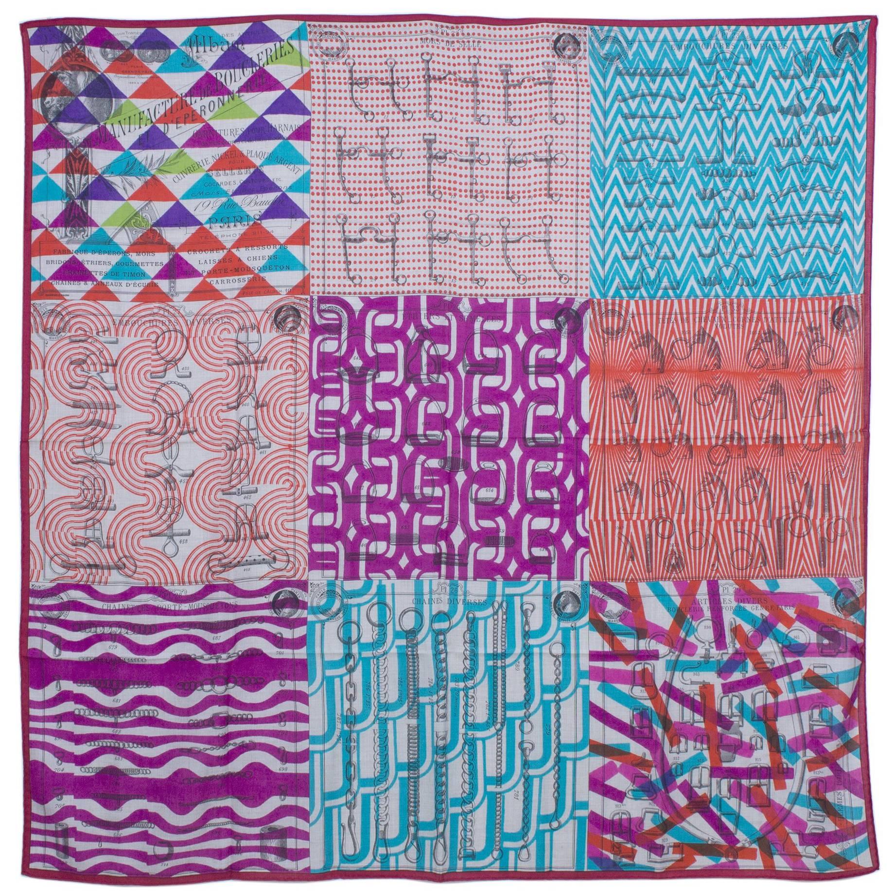Hermes Shawl "Chale" "Manufacture de Boucleries" Title fuchsia / turquoise / ora For Sale