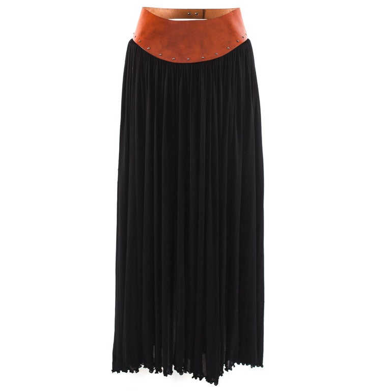 Jean Paul Gaultier black pleated skirt with tan leather waistband 