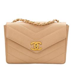 1990s Chanel Beige Chevron Quilted Caviar Leather Retro Single Flap Bag