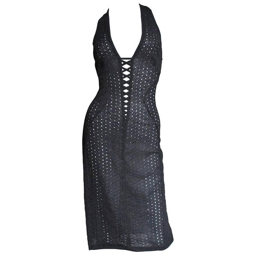 1990s Gianni Versace Plunge Laceup Halter Dress
