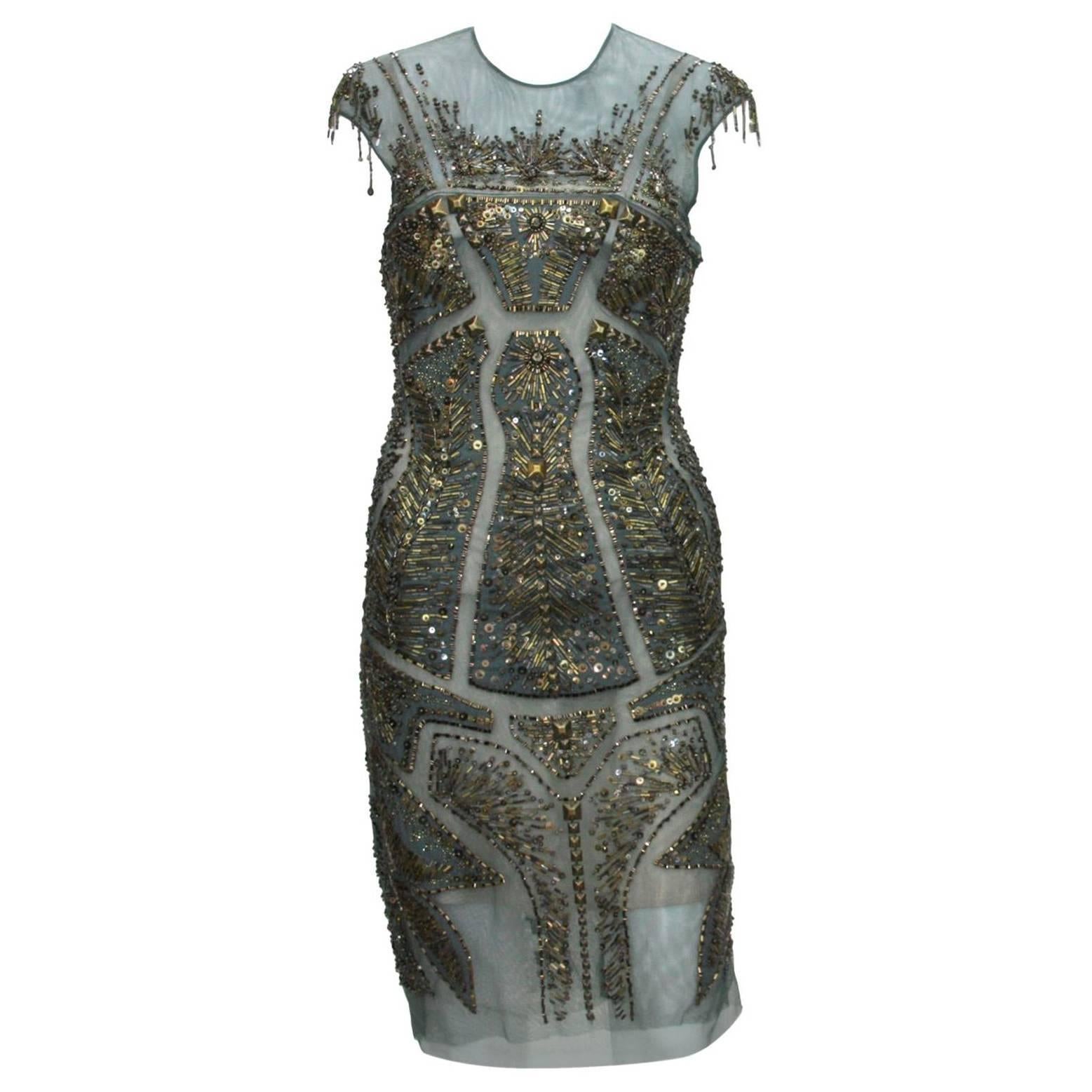 New Roberto Cavalli Fully Beaded Green Mesh Cocktail Corset Dress 40  For Sale