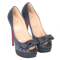 Used CHRISTIAN LOUBOUTIN Teal Satin OPEN TOE Platform MADAME BUTTERFLY 37
