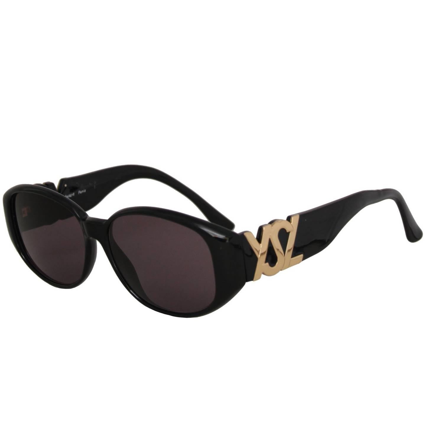 1990s Yves Saint Laurent Black Frame Sunglasses W. Gold 'YSL' Detail