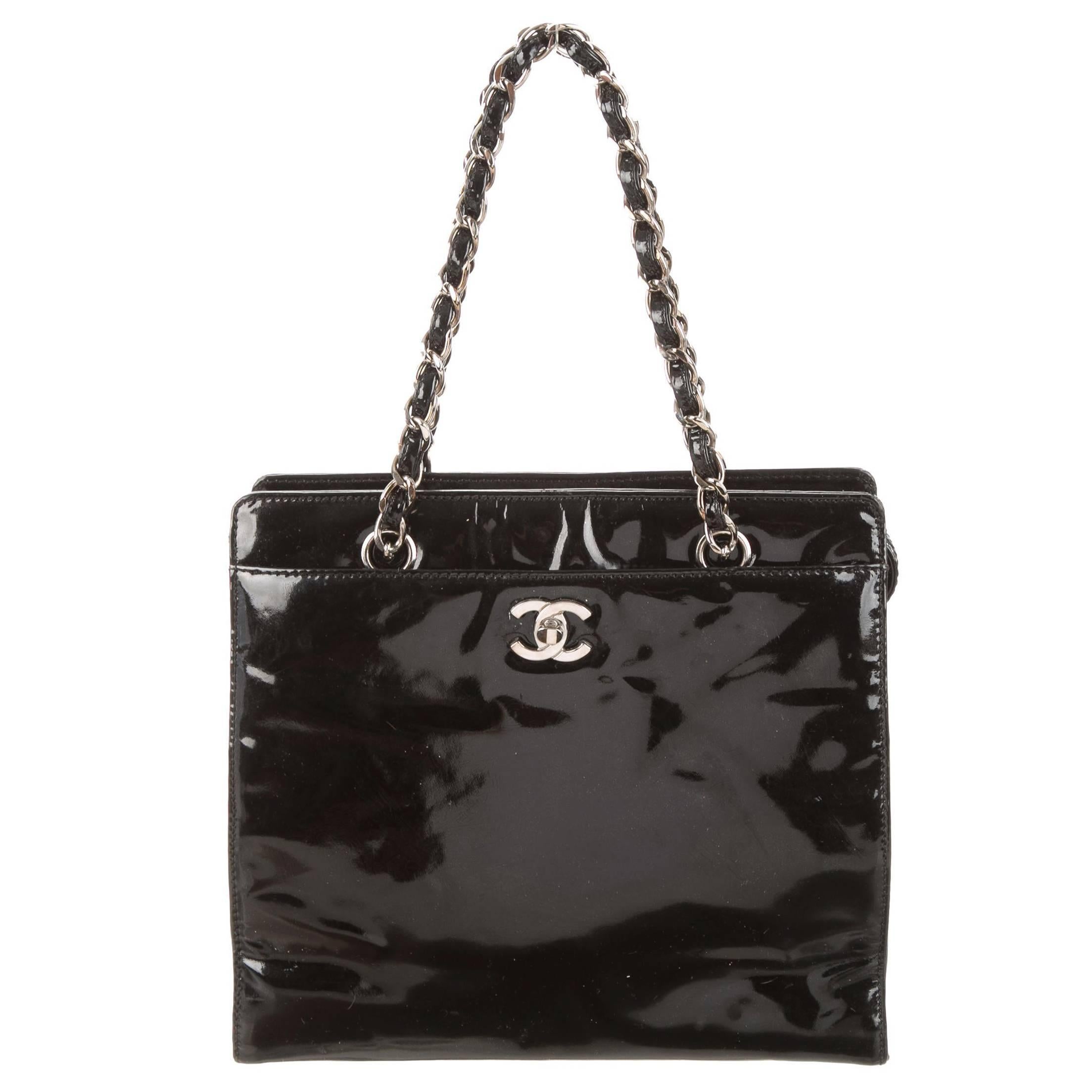 Chanel Black Patent Leather Small Shopper Evening Top Handle Bag