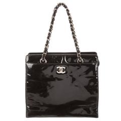Chanel Black Patent Leather Small Shopper Evening Top Handle Bag 12