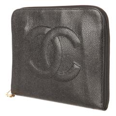 Chanel Black Caviar Leather Zip Around Men Women Carryall Travel Case Clutch Bag