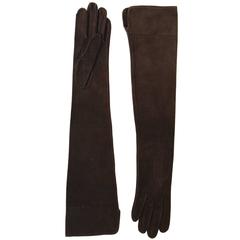 Chanel Brown Suede Long Gloves w/ CC Logo sz 6.5