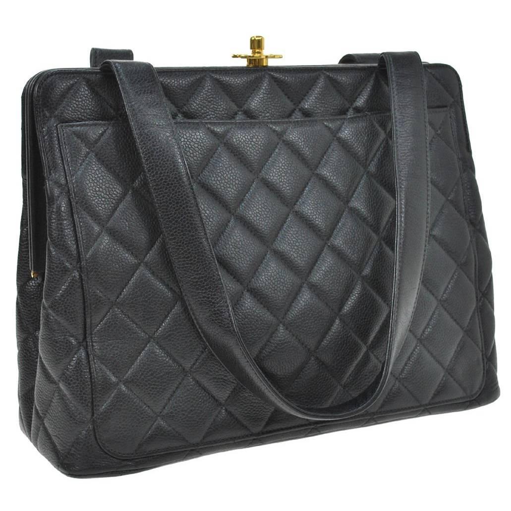 Chanel Black Caviar Leather Turnlock Evening Top Handle Shoulder Bag