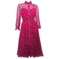 Vintage 1970s 100% Silk Pink & Black Polka Dot Midi Dress After Six 10