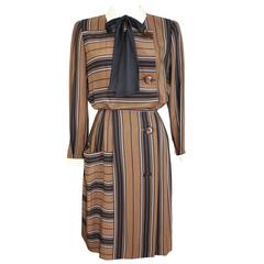 1980s Salvatore Ferragamo Brown and Black Silk Empire Waist Dress