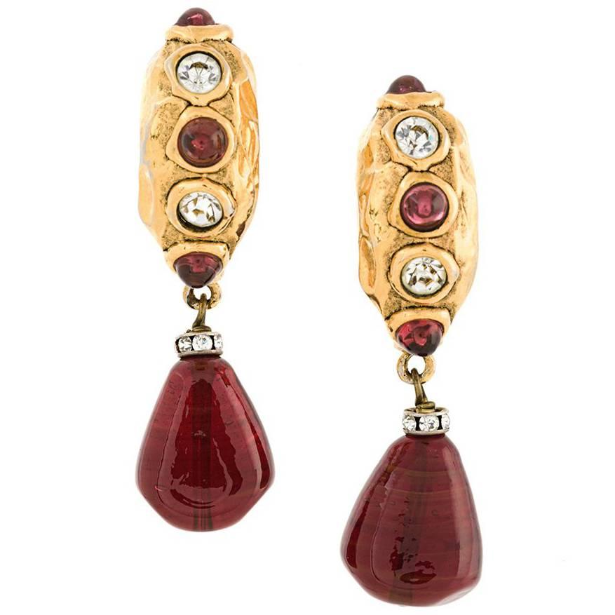 Chanel Gripoix Red & crystal loop earrings 80s