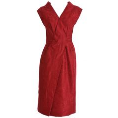 1950s Italian Couture Burgundy Red Brocade Cocktail Dress