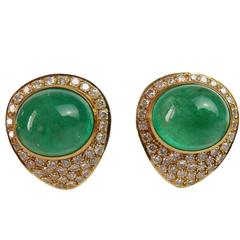 14, 3 Carat Emerald Cabochon and 4, 62 Carat Diamond Earrings 18 Karat Gold